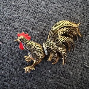 Gold and Red Rooster Brooch